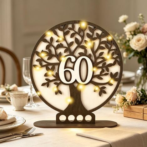 Cadeau en argent 60e anniversaire pour femme et homme, cadeau d'argent en bois avec guirlande lumineuse LED, panneau livre d'or – Décoration de table et cadeau d'argent en un seul cadeau (1/5)