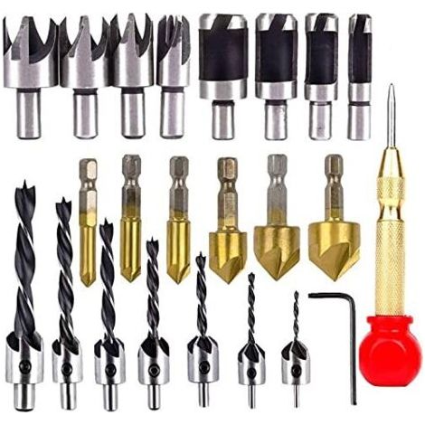 23 Outils de Forage pour Chanfreinage du Bois Incluent 8pcs Outil de Coupe de Prise de Bois,7 Forets à Trois Pointes, 6pcs Forets à Fraiser (1/5)