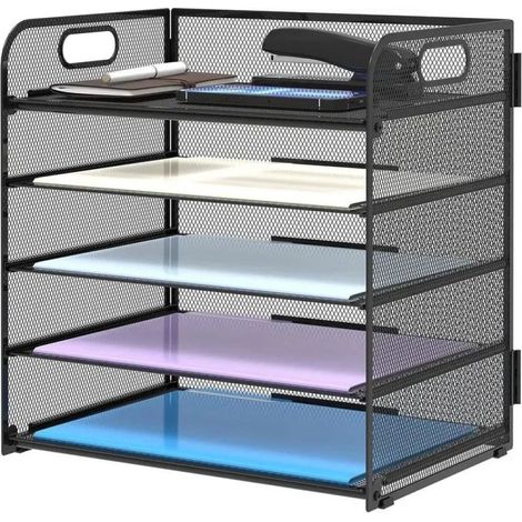 Organiseur De Bureau Métallique 5 Niveaux Pour Papier A4 Avec Étiquettes Et Base Antidérapante Noir (1/5)