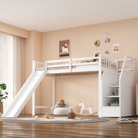 Bett Hochbett Kinder 90x200 cm aus Kiefer und MDF, weiß, mit Rutsche, Stauraum-Treppe und EN747 (1/5)
