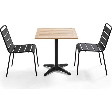 Ensemble table de jardin en bois et 2 chaises en métal gris (1/5)