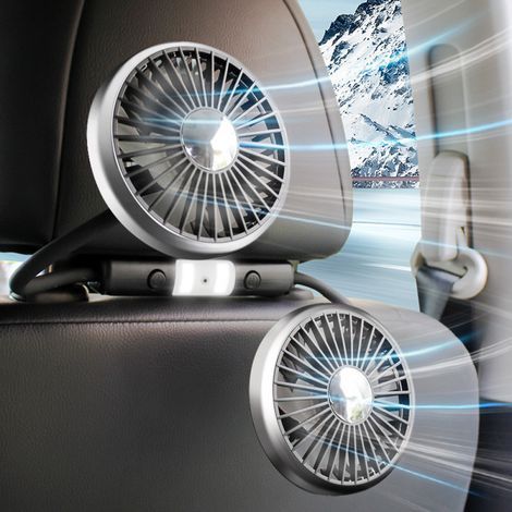 Ventilateur de voiture USB double tête pour siège arrière, 5 V 2 A, 3 vitesses, rotatif à 360 degrés, pour passagers arrière, avec éclairage, pour SUV, camping-car, camion (1/5)