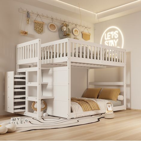 CHICFURN Litera infantil 140x200 cm de madera blanca con escalera y cajones (1/5)