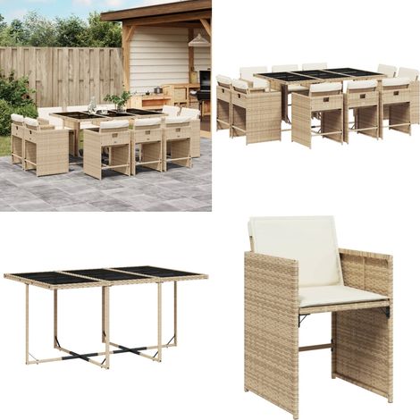 Ensemble à manger de jardin et coussins 11 pcs beige poly rotin - Salon De Jardin - Meuble De Jardin - Set De Salon De Jardin - Résine Tressée - Poly Rotin - Home & Living (1/5)