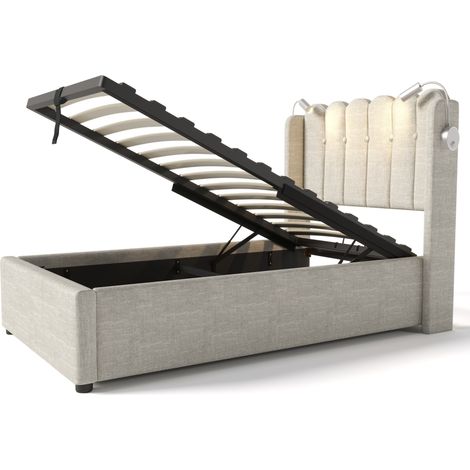 Letto contenitore 90x200 in lino con luce da lettura e porte USB, testiera imbottita, naturale (1/5)