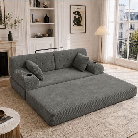 Divano letto 2 posti in velluto a coste, schienale alto, metallo, grigio scuro, OKWISH (1/5)