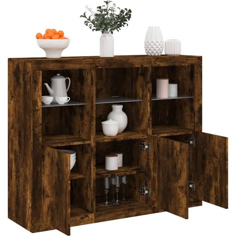 Sideboards mit LED-Leuchten 3 Stk. Räuchereiche Holzwerkstoff