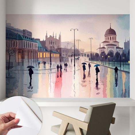 Papier peint autocollant adhésif installation rapide du papier peint durable et résistante Promenade sous la pluie 104x70 cm (1/5)