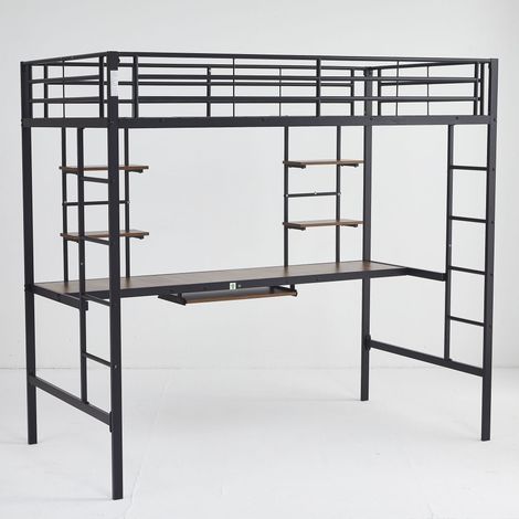 Estructura de cama para dormitorio de estudiantes de 190 x 90 cm, diseño combinado de cama y mesita de noche, espacio vertical. Integrado, adecuado para oficina y estudio. (1/5)