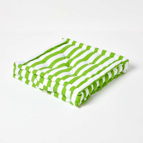 HOMESCAPES Cotton Green Thick Stripe Floor Cushion, 40 x 40 cm