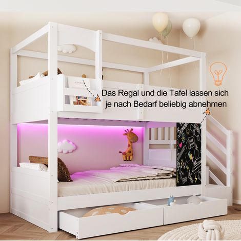 Lit mezzanine cabane enfant 90x200, rangements modulables et tableau ardoise, échelle et tiroirs intégrés, structure blanche, lit double mixte garçon fille (1/5)