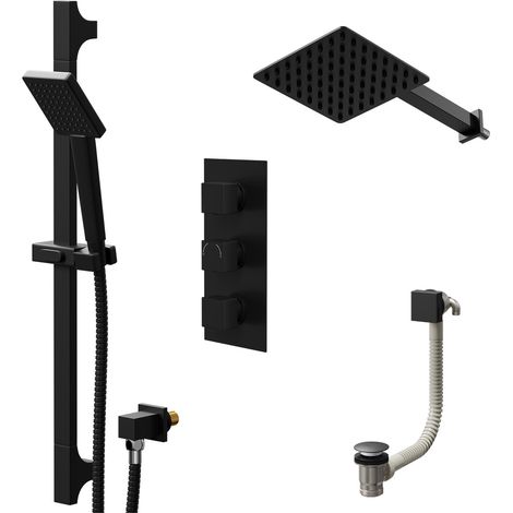 Colore Square Matt Black Concealed Triple Thermostatic Shower Valve with Diverter and 200mm Fixed Head with 345mm Wall Arm and Slide Rail Kit with Free-Flow Bath Filler - 3 Outlet