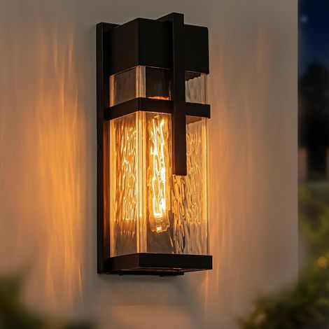 Applique Murale Exterieur avec Verre Ondulé Par l'Eau, Rectangle Porche Lampe Exterieur, Noir Éclairage Mural d'Extérieur, E27 Jardin Luminaire Extérieur Mural, Lampe Terrasse pour Balcon, IP44 (1/5)