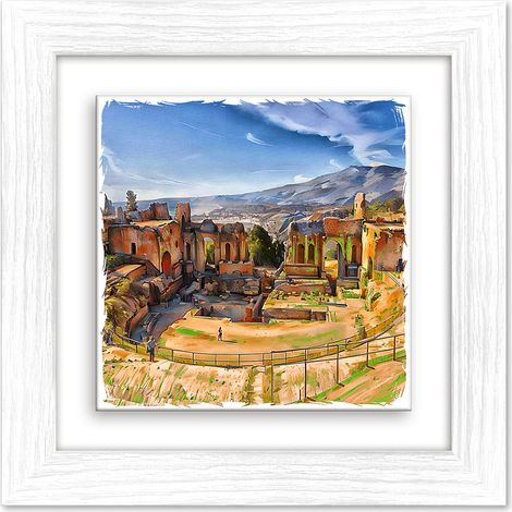Lupia - Quadro moderno con paesaggi e localismi italiani, Ceramica e Stampa Rilievo, Cornice Legno Shabby Modern bianca, Decorazione Parete, Quadretti Soggiorno, 29x29 cm, CATANIA TEATRO TAORMINA (1/4)