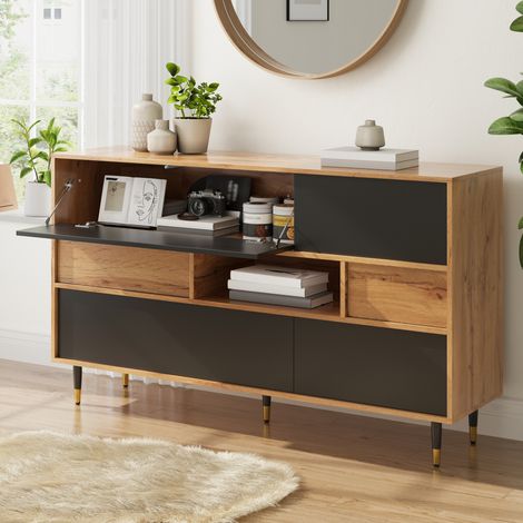 MEUBLIV Buffet 140x40x84,5 cm noir et naturel – rangement multifonction (1/5)