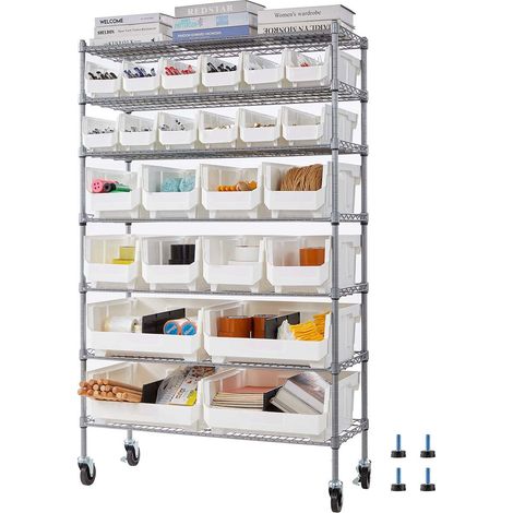 Rack de rangement à bacs roulant 7 niveaux, 24 bacs, en fil d acier avec roues pour garage, entrepôt, bureau, usage polyvalent (1/5)