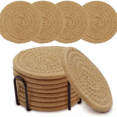 Ensemble de 8 sous-verres avec support. Sous-verres absorbants en coton tissé, décoration sobre. Pour tables en bois, 11 cm de diamètre, lin. Pratiques et élégants. (1/5)