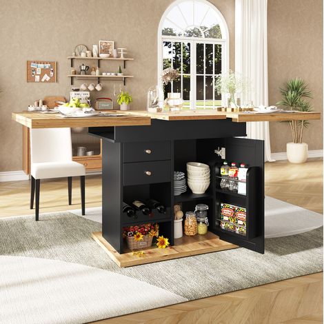 MODFU – Table extensible 110-140x80 cm MDF/métal – Rangement, tiroir et étagères – Ouverture bilatérale et 60 kg – Cuisine ou séjour – Noir/naturel (1/5)