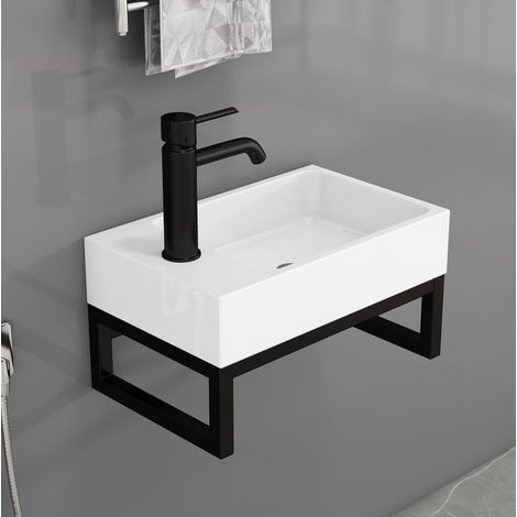Mini-Wandwaschbecken quadratisch aus mattweißer Keramik mit Metallrahmen, vormontiert (1/5)