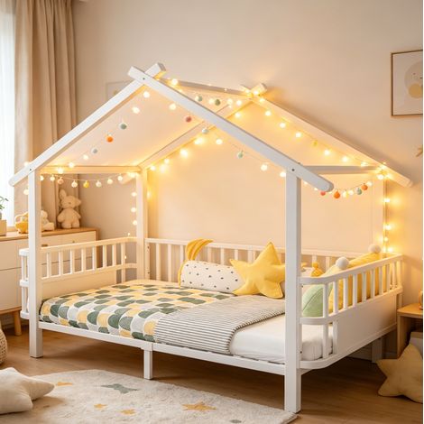Cama infantil 90x200 cm - Cama cabaña - Con techo y barandillas de seguridad - En metal - Blanco (1/4)