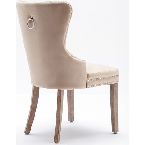 Chaise de salle à manger (chaise de cuisine / chaise de salon avec heurtoir décoratif unique au dos, lot de 6), chaise rembourrée avec finition cloutée, pieds en bois massif, revêtement en velours, be (1/5)