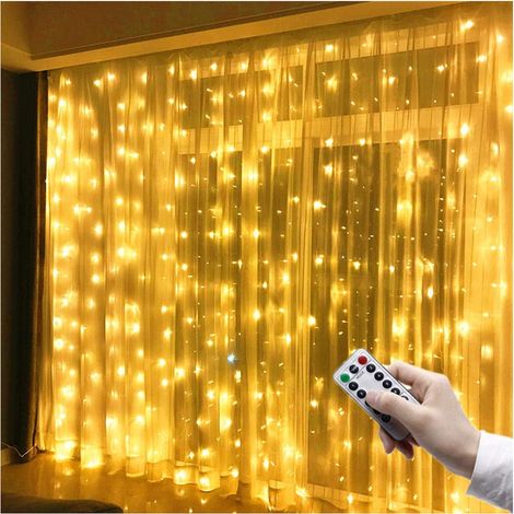 Rideau lumineux LED 3 m x 3 m, 300 LED, USB, étanche, 8 modes, lumière blanche chaude pour décoration de fête, de mariage, d'anniversaire, de jardin, de fenêtre, intérieur et extérieur (1/5)