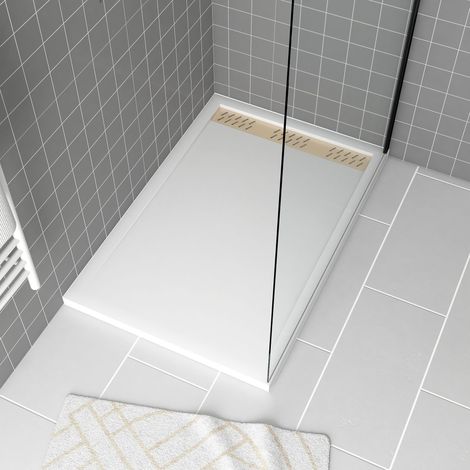 Plato de ducha Acrílico blanco 80x120x4 cm + Rejillas Lineales Cromada y Oro Cepillado - WHITENESS II