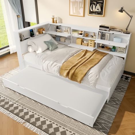 Lit gigogne 90x200 cm avec rangement et ports USB et Type-C, en bois blanc, sans matelas (1/5)