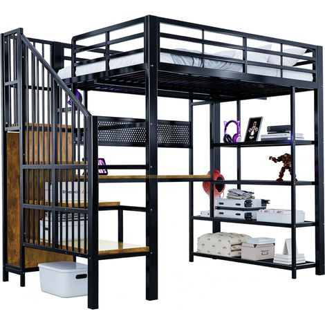 Lit mezzanine 140x200 cm avec bureau long, étagères, panneaux perforés, LED multicolores, prises intégrées et escalier de rangement, noir – CHICFURN (1/5)