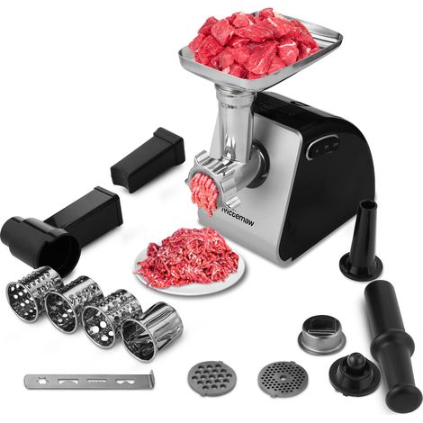 Nictemaw 2000W Multifunzione Tritacarne Macchina da Cucina, Elettrico Tritatutto di Verdure, con 3 Dischi Forati, 4 Lama a Cono, Riempitrici di Salsicce e Accessori per Dolci (1/5)