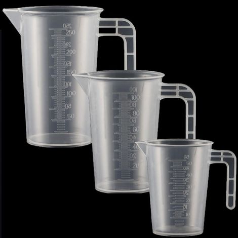 Lot de 3 verres doseurs en plastique avec poignée et graduation de gramme 50 + 100 + 250 ml, Résistant à la chaleur, Pour détergent, Graduation fine, Convient à un usage alimentaire (transparent) (1/5)