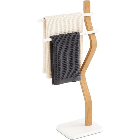 Portasciugamani Relaxdays, A x L x P: 86 x 37 x 18 cm, metallo, legno, 2 aste, bagno, bianco/naturale