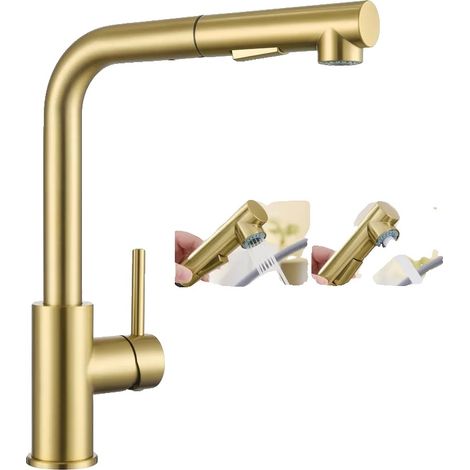 Rubinetto da cucina estraibile, rotazione a 360°, doppio flusso d'acqua, oro, G3/8 (1/5)