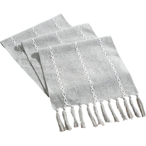 Tischläufer Grau mit Quasten und Hohlsaum, Landhausstil, 32 x 220 cm