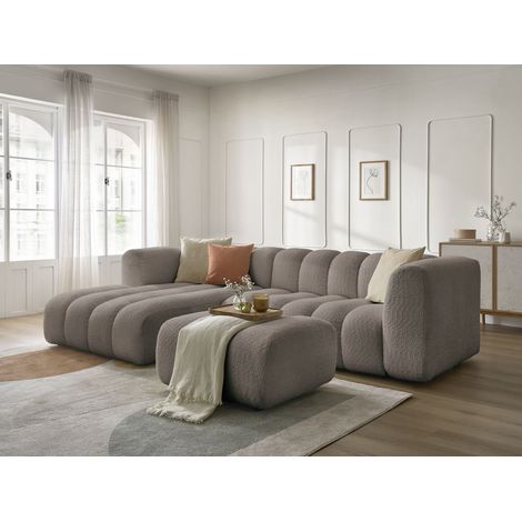 BOBOCHIC - Canapé d'angle fixe TALIA tissu bouclette avec pouf Angle gauche Marron (1/5)