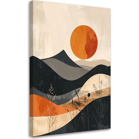 Quadro su tela, Un paesaggio minimalista con montagne e un sole arancione. - 70x100 (1/2)