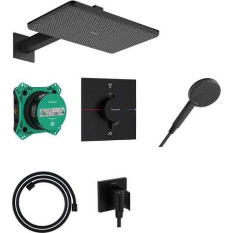 Hansgrohe Raindance Alive Q - Brauseset mit Unterputzthermostat, mit Einbaukörper, 21x34 cm, 3 Strahlarten, mattschwarz 24620670 (1/4)