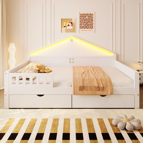 Lit - LED, Rangement - 140x200 cm - 2 Tiroirs de Rangement, LED par Smartphone - pin massif, Pin massif - Blanc (1/5)