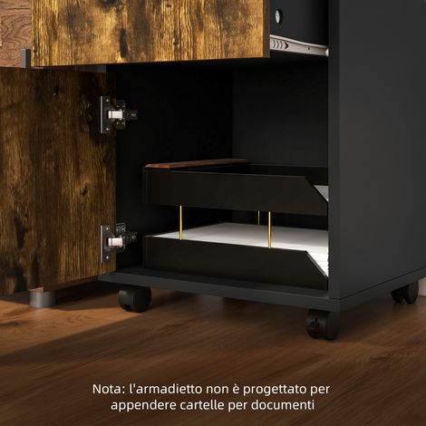Cassettiere à tiroirs avec étagère de rangement, 4 roues pivotantes, 60x35x40 cm, noir et marron (1/5)