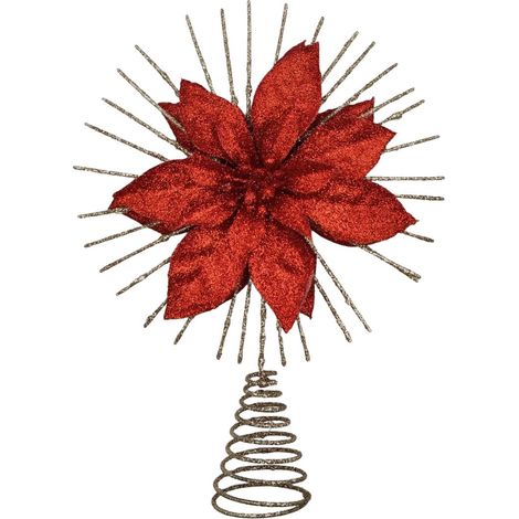 Déco Sapin de Noël Cimier en métal doré pailleté avec fleur de Poinsettia - Feeric Christmas