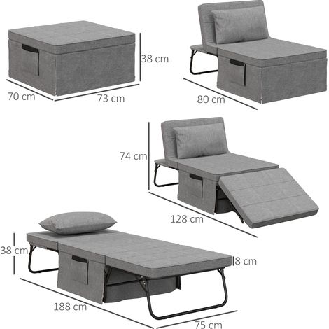 Lit 4-en-1 pour invités, convertible en fauteuil et ottomane, matelas de 8 cm, hauteur réglable sur 5 niveaux, cadre en acier, 188x75x38 cm. (1/5)