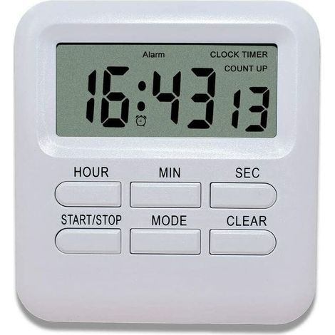 Minuterie Digitale avec Fonction d'Horloge/Réveil 3 en 1, Minuterie de Cuisine Aimanté, Timer Chronomètre Compte à Rebours, Gestion du Temps pour Cuisine/Étude/Sport (Blanc)