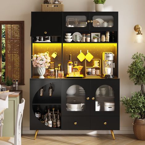 Elément haut de cuisine-LED moderne-USB et prise intégrés-panneau perforé-tiroir-étagères verre-noir-120x40x176cm (1/5)