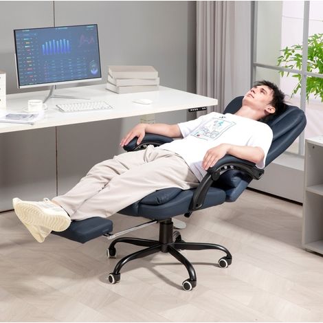 Chaise de bureau massante 67x67x111-121 cm bleue en similicuir avec repose-pieds et dossier inclinable (1/5)