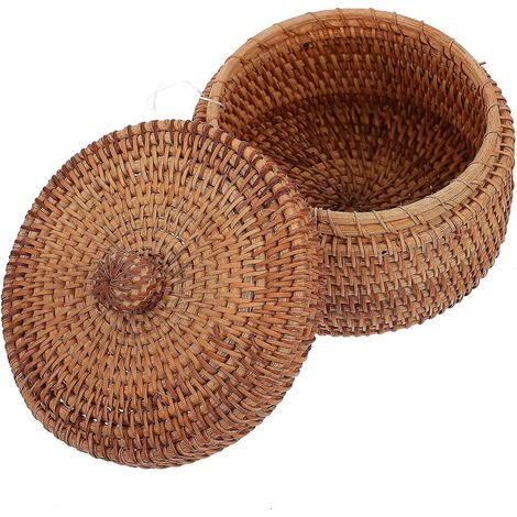 Panier de rangement vintage en rotin tressé avec couvercle, boîte de rangement pour petits objets en rotin, couleur aléatoire