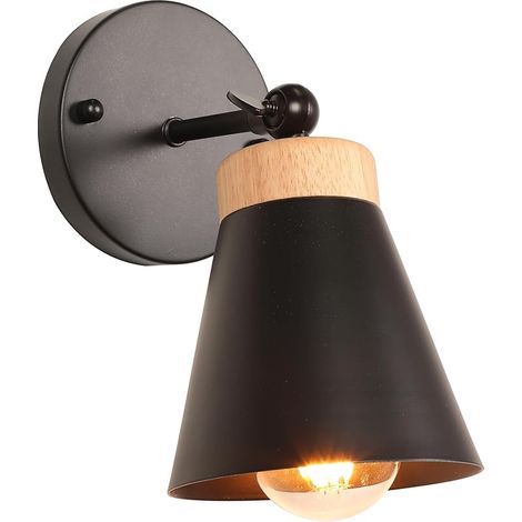 Applique Murale Interieur Rétro Plafonnier Luminaire Vintage Industrielle en Métal avec Décoration Bois Éclairage E27 Réglable Lampe Murale pour Chambre Salon Couloir Cuisine Café (Noir) (1/5)