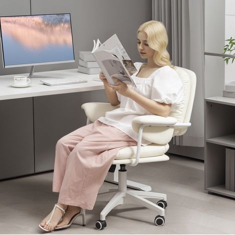 Chaise de bureau à bascule, hauteur réglable, repose-pied, simili cuir blanc DESVIAE (1/5)