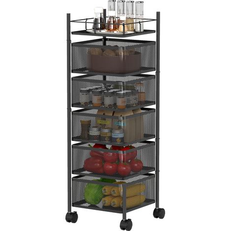 Chariot de cuisine 5 niveaux avec 5 paniers rotatifs, structure métal, noir (1/5)