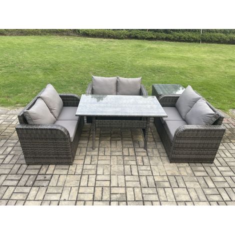 Fimous Wicker PE Rattan Sofa Outdoor Garden Furniture Set with Rectangular Dining Table Side Table Dark Grey Mixed