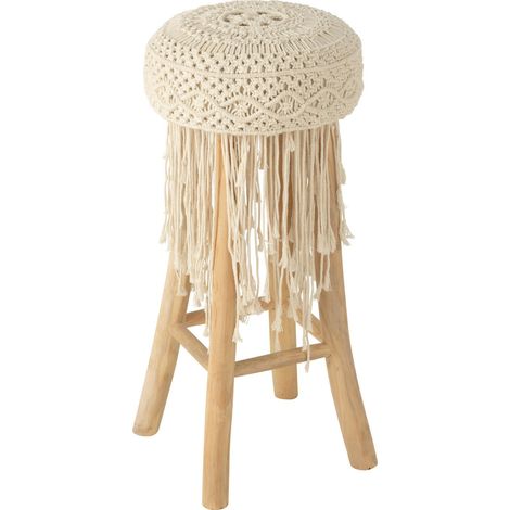 Tabouret en bois avec assise macramé franges blanc raffiné - Blanc naturel et bois clair (1/4)